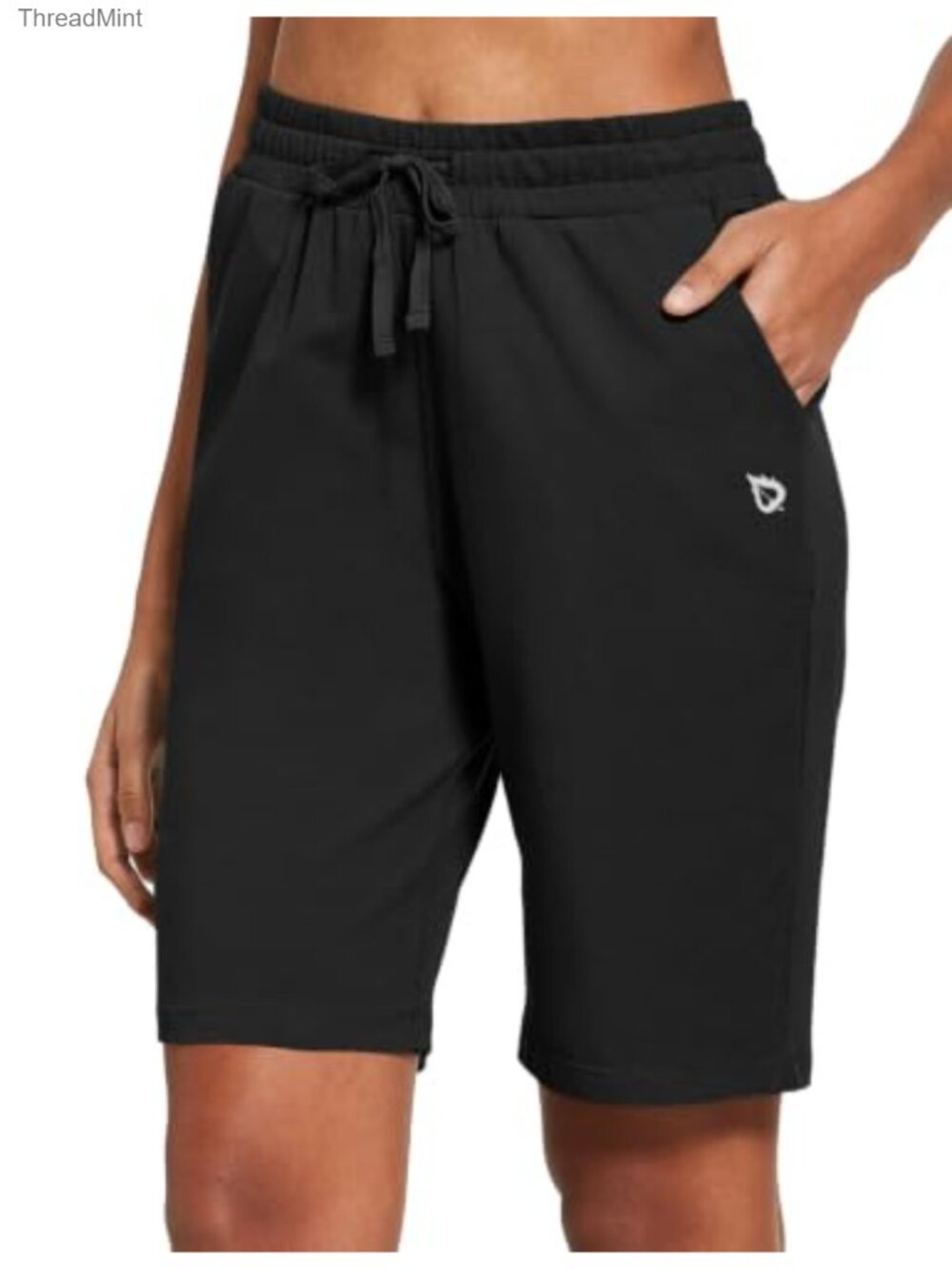 Women's 10" Cotton Bermuda Shorts High Waist Drawcord Loose Fit with Pockets - Picture 1 of 6
